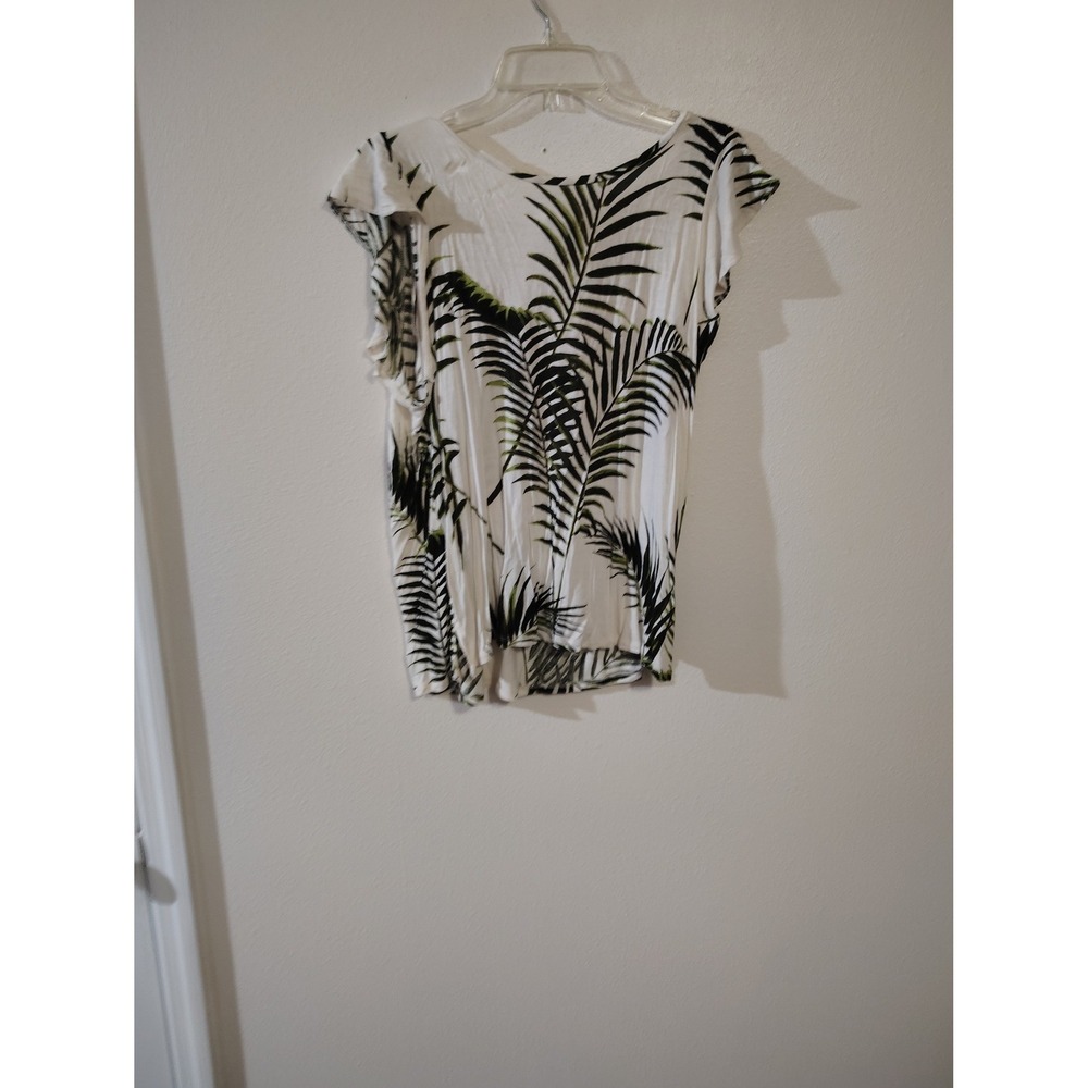 HM Tropical Palm Leaf Print Flutter‎ Sleeve Top White Green Black Large